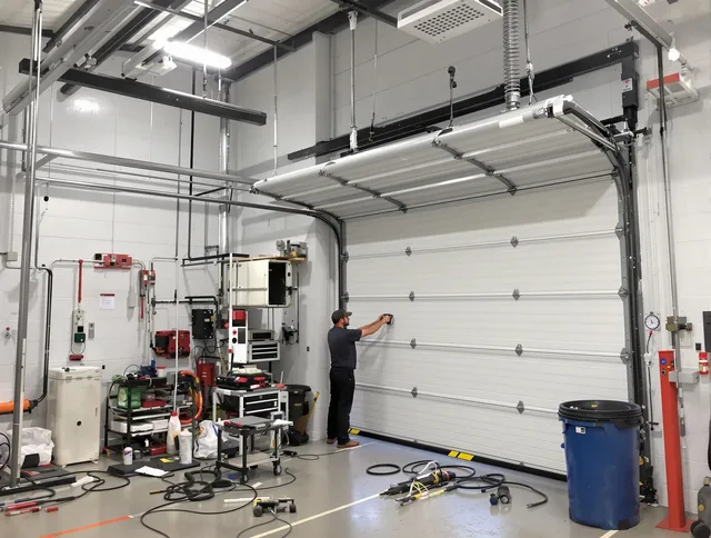 Pico Rivera Garage Door Repair certified technician performing commercial door repair at a Pico Rivera business facility