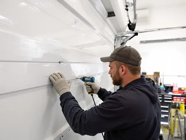 Pico Rivera Garage Door Repair technician demonstrating precision dent removal techniques on a Pico Rivera garage door