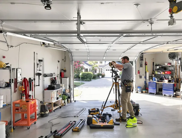 Pico Rivera Garage Door Repair specialist performing laser-guided track alignment in Pico Rivera
